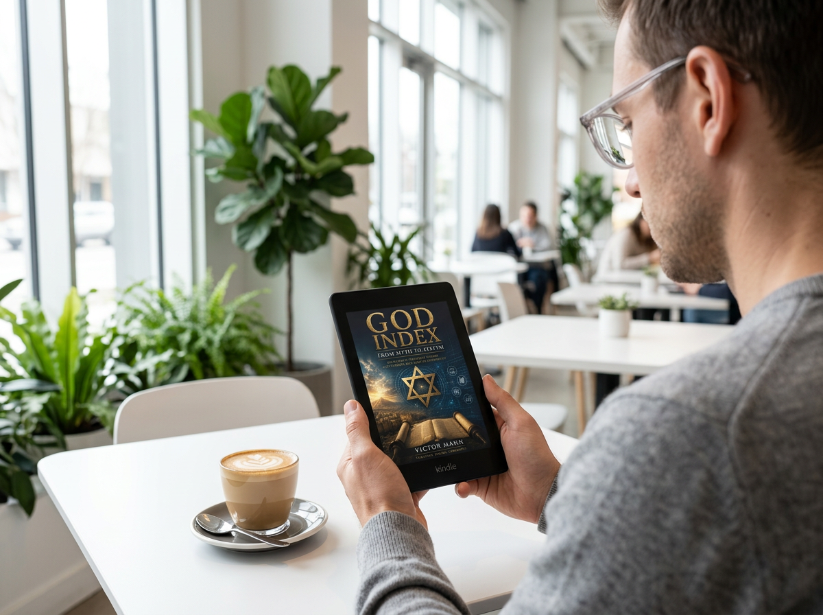 A man reading God Index on a Kindle over coffee