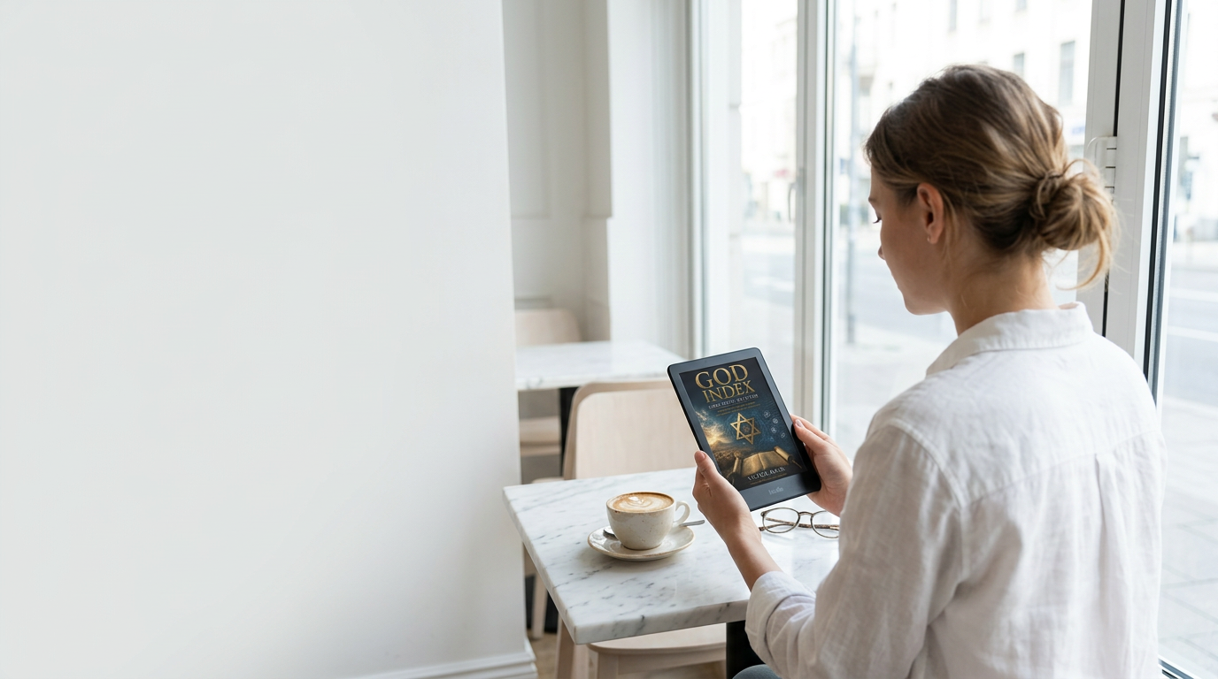 A reader with God Index on a Kindle in a bright café