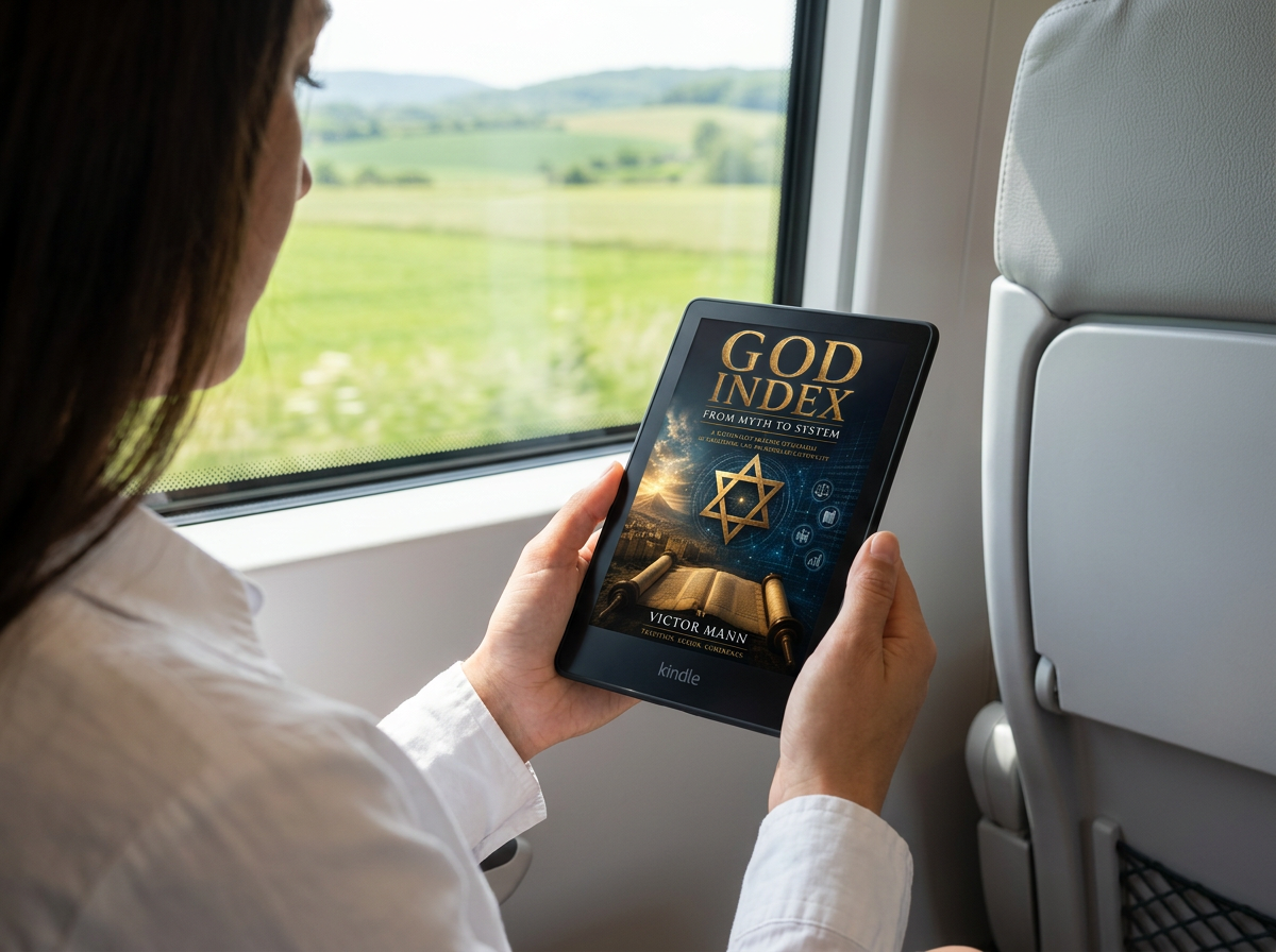A woman reading God Index on a Kindle on the train